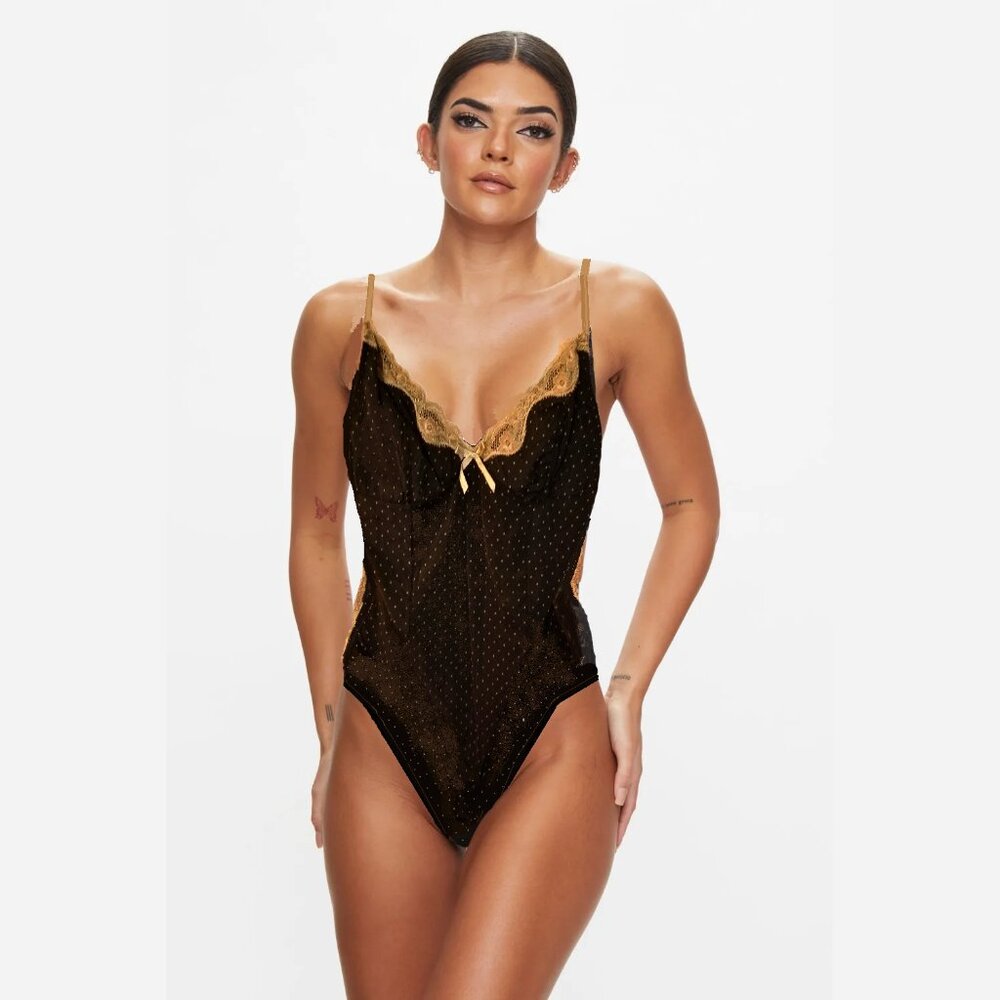BLUSH LINGERIE Black/Tan Lace & Dot Bodysuit Teddy Sz L